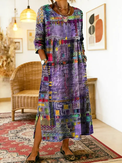 💟【S-5XL】Ženska haljina od čistog pamuka, etnički print, patchwork, čipkasti obrub