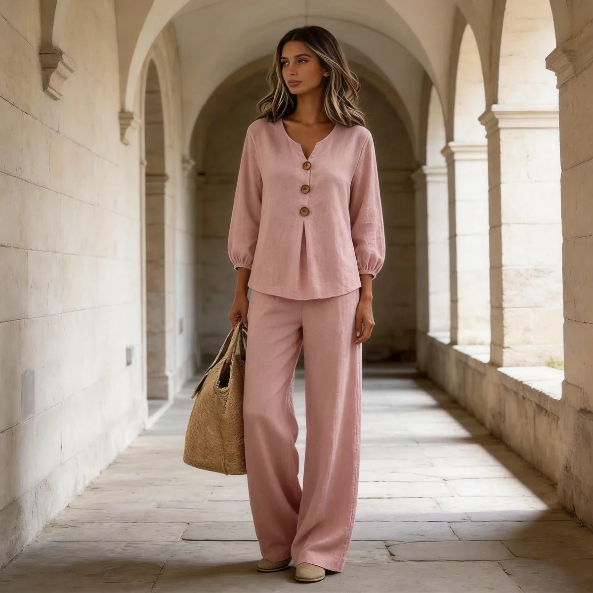 【Ograničena ponuda s popustom od 50%】Novi ženski dvodijelni set: bluza i hlače s volanima, gumbima i V-izrezom