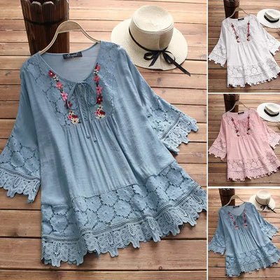 【S~5XL】Čipkana ležerna majica s 3/4 rukavima, ženska jednobojna široka bluza s V-izrezom