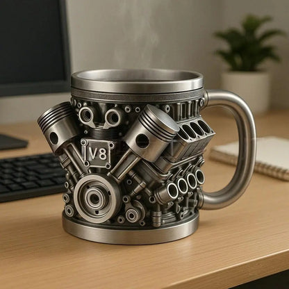 🎁☕  Taza de café de acero inoxidable Creative Engine V6V8, diseño mecánico