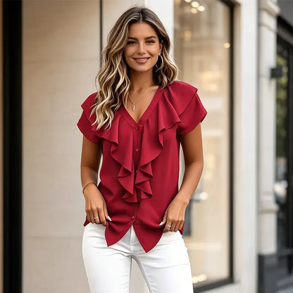 Elegantna ljetna bluza za žene s V-izrezom – ležerna košulja s volanima i gumbima, mekan, prozračan i hladan materijal