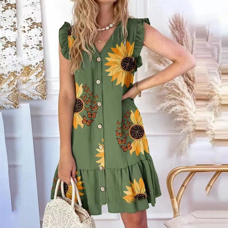 💛🧡💚【S-2XL】2026 Nowa luźna sukienka z nadrukiem z dekoltem w serek i bawełny Tencel