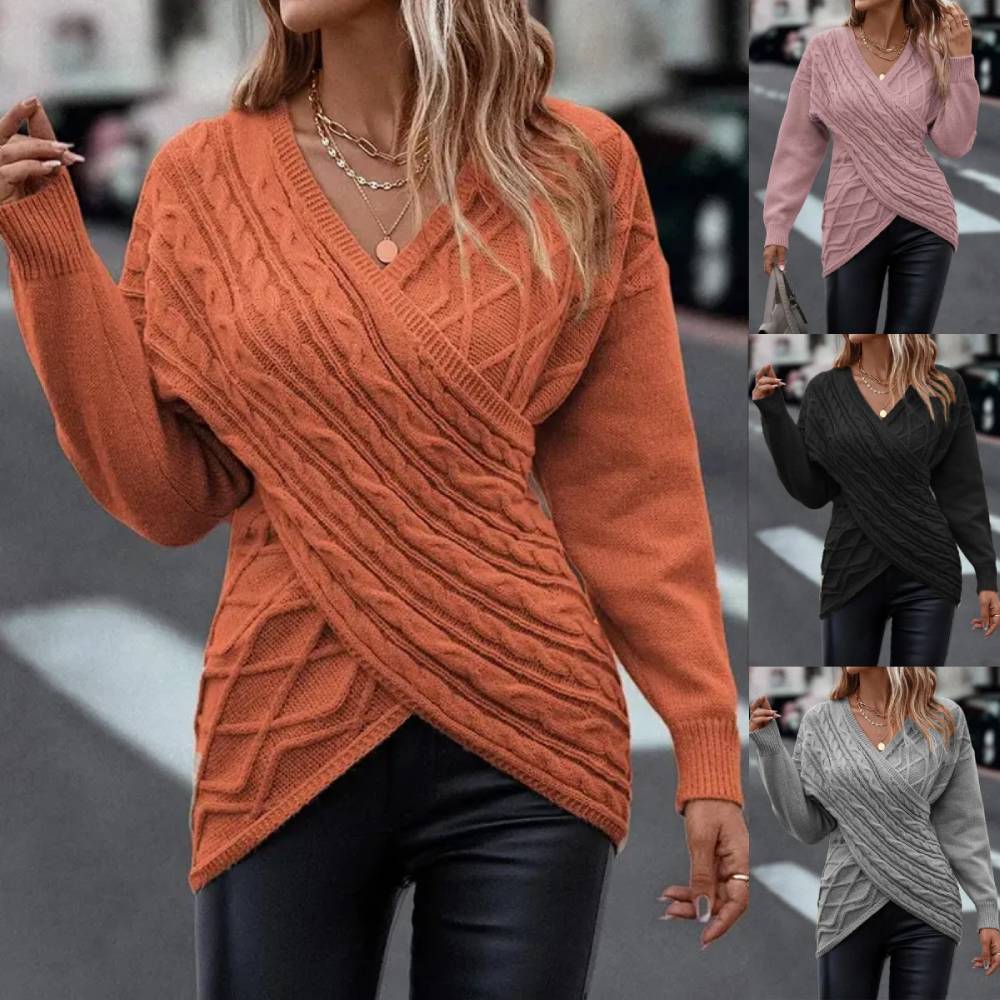 ✨Nowy, jednokolorowy, żakardowy sweter z dekoltem w serek, dopasowany do codziennego noszenia