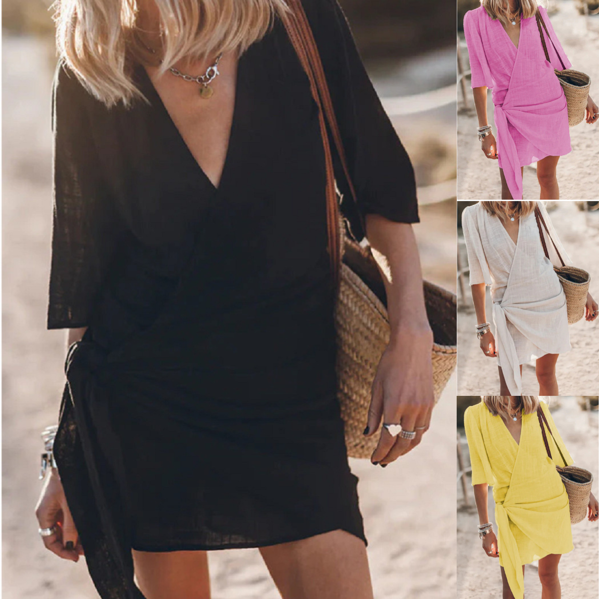 🎀👘【50% zniżki 🔥】【S–3XL】💖 Letnia, nowa, swobodna sukienka wykonana z bawełny i lnu w dużych rozmiarach, z wywiniętym dekoltem w serek, średniej długości i szerokim krojem