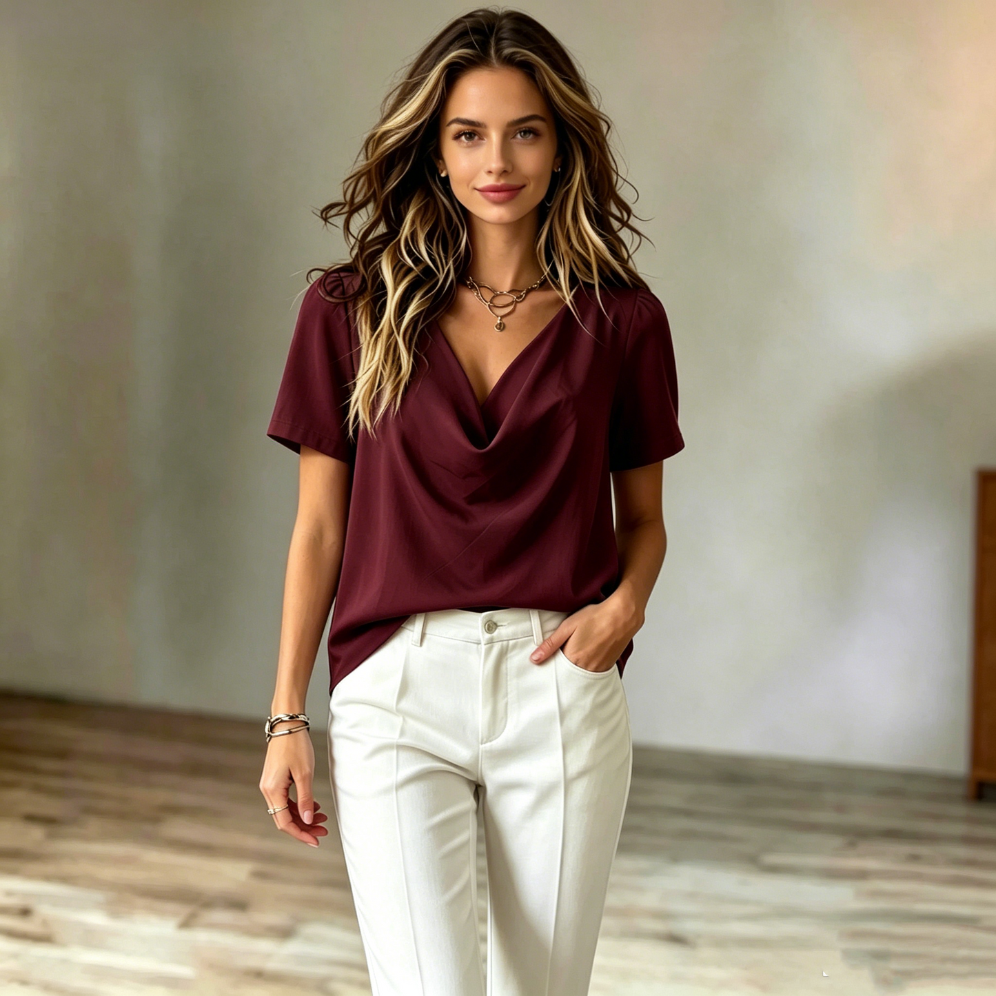 👚Novi drapirani satenski top kratkih rukava s V-izrezom