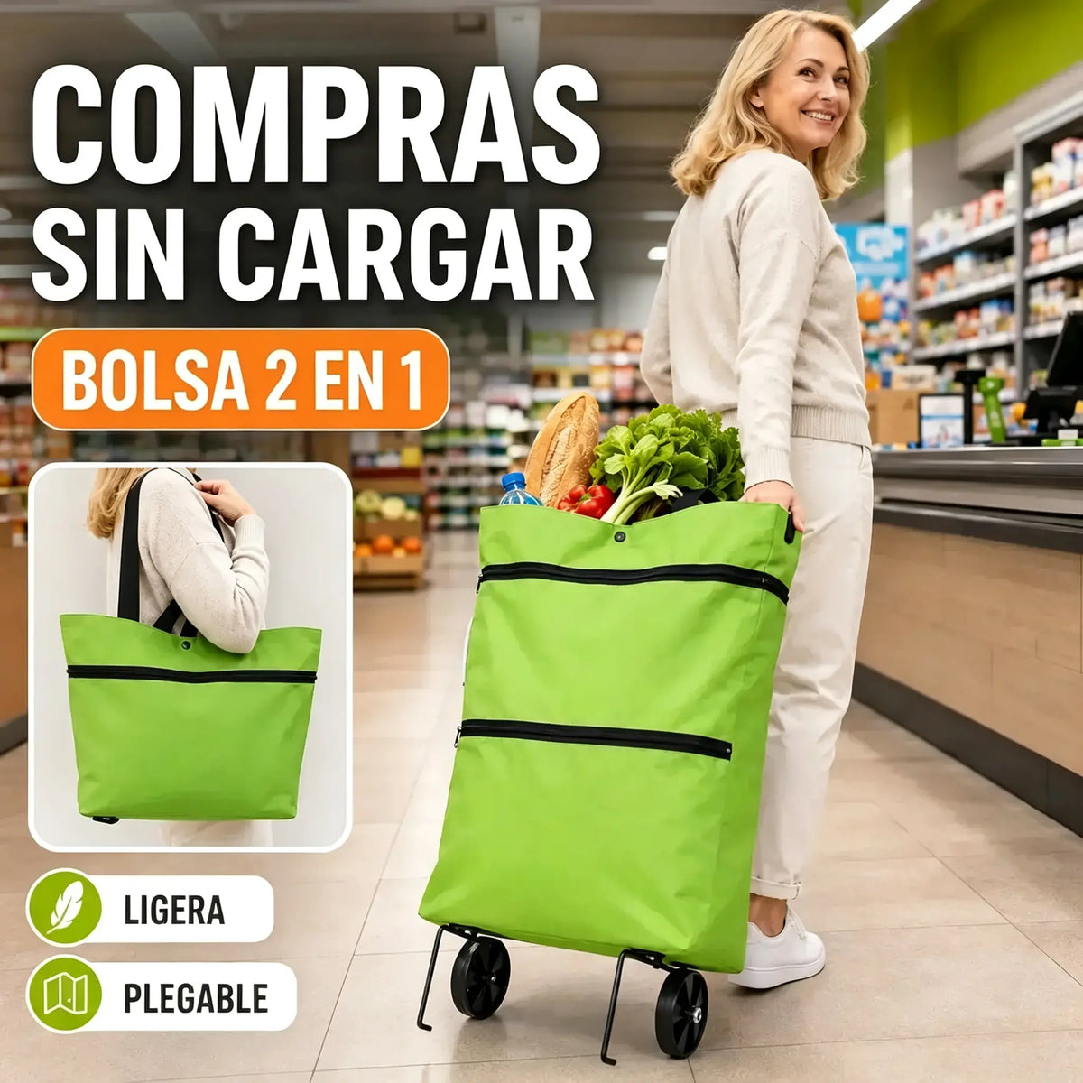 1 unidad por 29 euros [Producto más vendido] 🛒♻️ Bolsa de compras plegable 2 en 1 / mochila, bolsa de compras ligera / carrito