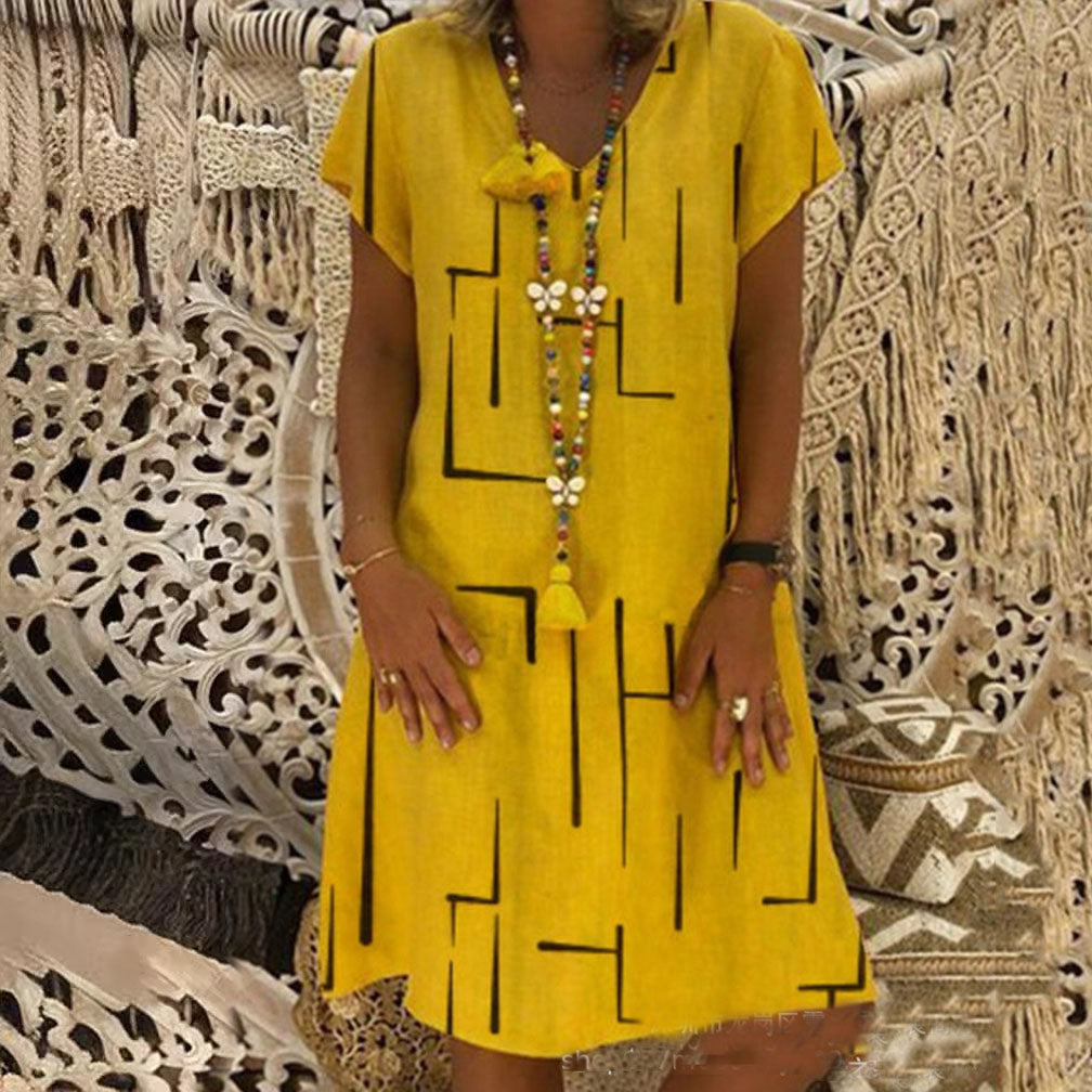 🥻🌲【45% OFF】👗【S-5XL】Nowa sukienka z nadrukiem z dekoltem w serek, wykonana z bawełny i lnu: przyjazna dla skóry i miękka