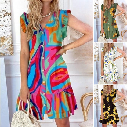 💛🧡💚【S-2XL】2026 Nowa luźna sukienka z nadrukiem z dekoltem w serek i bawełny Tencel