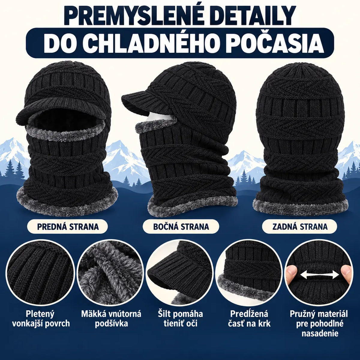 🧢❄️🔥【1 kus, ochrana uší a tváre, obvod hlavy 55–60 cm】Pletená zimná čiapka s predĺženou časťou na krk a šiltom – hrejivá, vetruodolná a vhodná na outdoor.