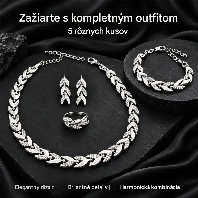 ✨💎 4-dielna súprava dámskych šperkov | Náhrdelník, náramok, prsteň a náušnice s motívom listu a zirkónmi