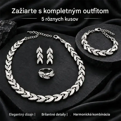 ✨💎 4-dielna súprava dámskych šperkov | Náhrdelník, náramok, prsteň a náušnice s motívom listu a zirkónmi
