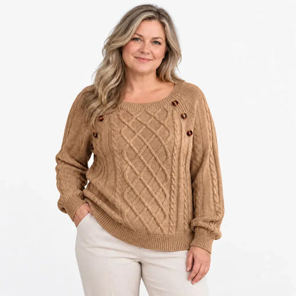 【S-2XL】Ženski ležerni jesensko-zimski pulover – četvrtasti izrez, gumbi, uzorak pletenice