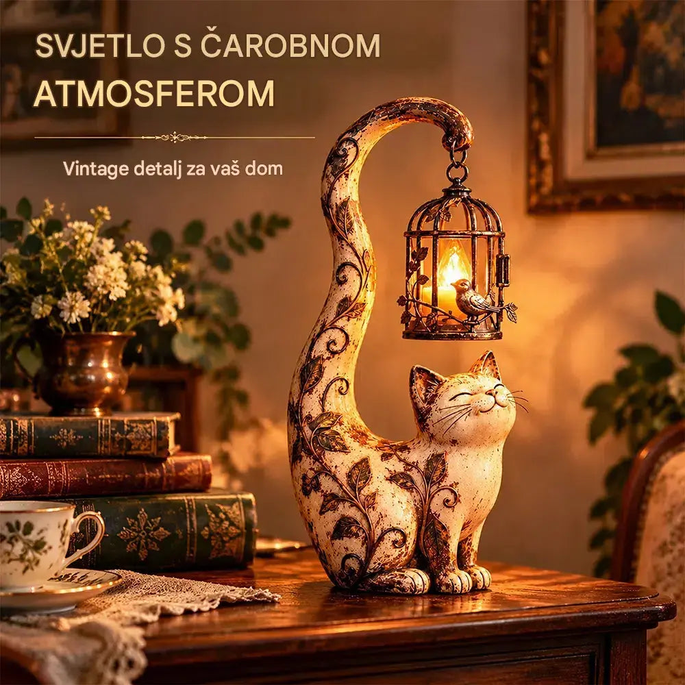 🐱💡Noćno svjetlo u vintage stilu – mačka s krletkom – kreativna vrtna dekoracija