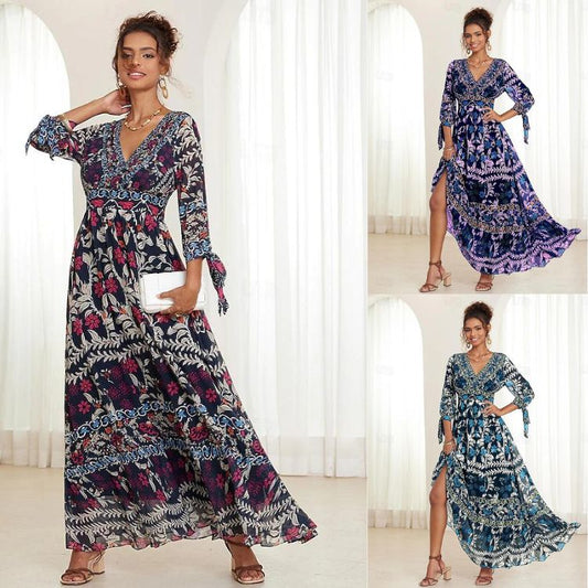 💟【S-5XL】👗2025 Nowa seksowna sukienka z dekoltem w kształcie litery V, z eleganckim nadrukiem