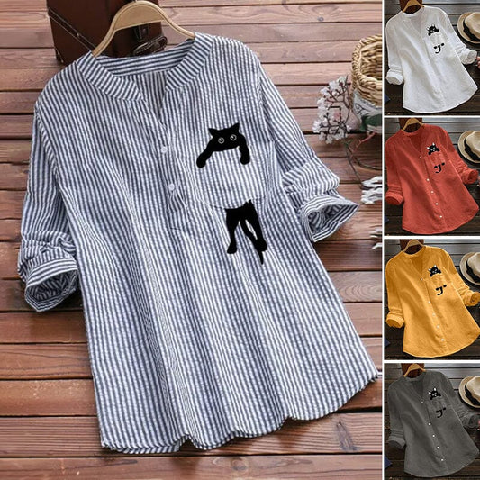 🐾ฅ^•ﻌ•^ฅ🐾【tricou cu pisicuță drăguță】【S-3XL】 Cămașă din bumbac cu decolteu în V, cu mânecă lungă, cu imprimeu de pisici, noua modă de primăvară 2025-