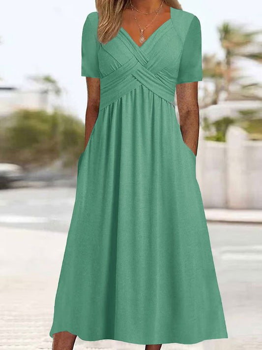 🔥🔥【S-3XL】2026 Vestido casual midi de color sólido Nuevo vestido suelto de manga corta de verano.