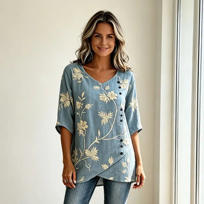 Vintage bluza od lana i pamuka s cvjetnim vezom, V-izrezom i asimetričnim dizajnom gumba, prozračan i mekan materijal, elegantan retro stil