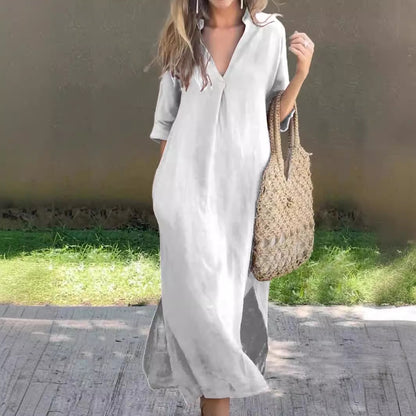 👗🌿💃【50% popusta 🔥】【S–3XL】Duga haljina od lana s V-izrezom i prorezima, udobna i lagana za ljeto