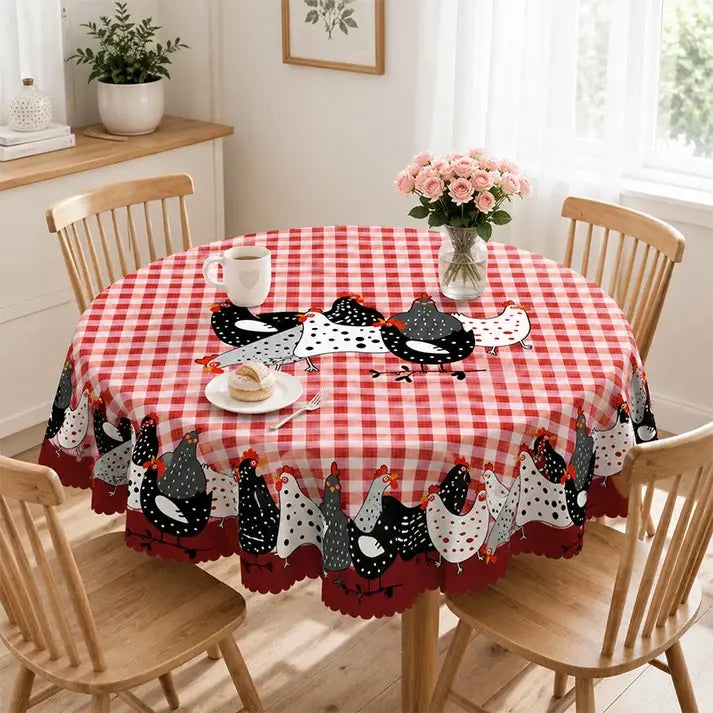 🐓 50% POPUSTA SAMO OGRANIČENO VRIJEME! ❤️ Stolnjak s uzorkom seoskog pijetla: Crveni karirani stolnjak s printom piletine, otporan na prolijevanje s čipkastim obrubom ✨