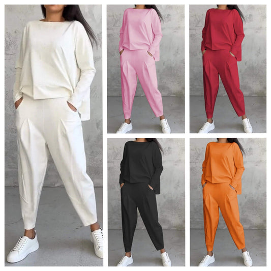 💞Promocja czasowa 50%💖 Zestaw z długim rękawem, bluzka z okrągłym dekoltem i długie spodnie