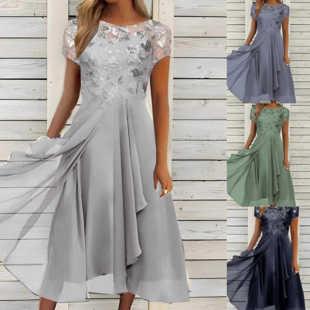 💖【S-5XL】Šifonska haljina od čipke s okruglim izrezom i patchwork uzorkom, lepršava suknja