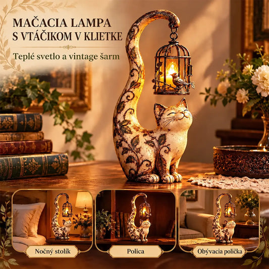 🐱💡【1 kus, výška 18,5 cm】Vintage nočné svetlo – mačka s vtáčou klietkou – kreatívna dekorácia pre útulný domov.