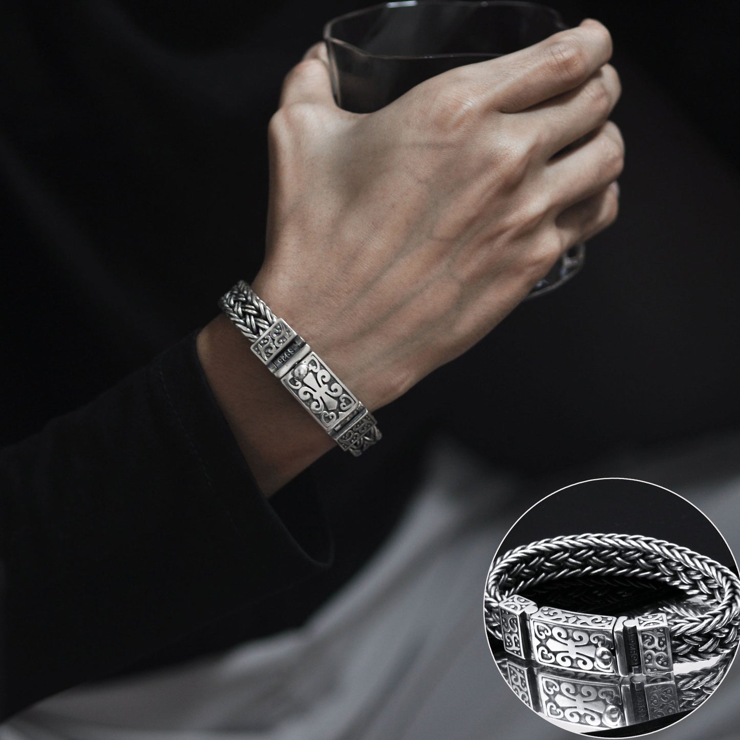 ✨✨Pulseras de hombre fabricadas en plata 925, tejidas a mano, anchas y gruesas, estilo retro trendy