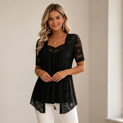 Elegantne bluze s 2-u-1 efektom, čipkom i mrežicom – dizajn za mršavljenje protiv skidanja trbuha, 5 boja, veličine S-4XL! 🌸✨