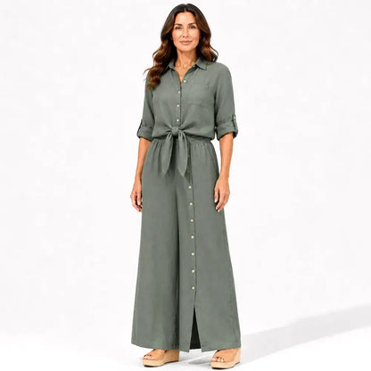 ✨🌸【XS-3XL】Dvodijelni set od asimetričnog topa s V-izrezom i pamučnih hlača širokih nogavica s gumbima