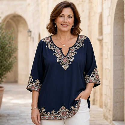 Bluza kratkih rukava s V-izrezom i retro vezom, veće veličine