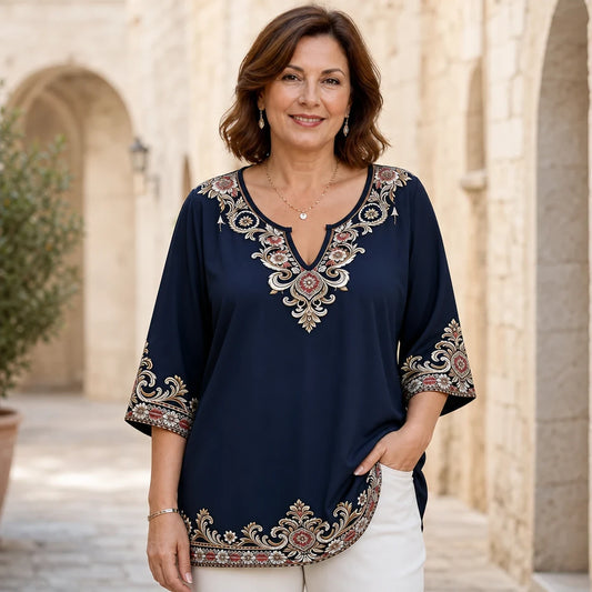 Bluza kratkih rukava s V-izrezom i retro vezom, veće veličine
