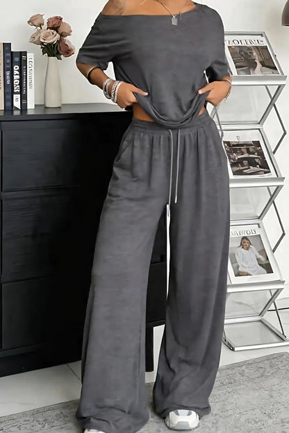 【S-5XL】Set 2026 Elegantna majica kratkih rukava s otvorenim ramenima + široke hlače s vezicama i široke cipele 😍 Neophodan ljetni komad!
