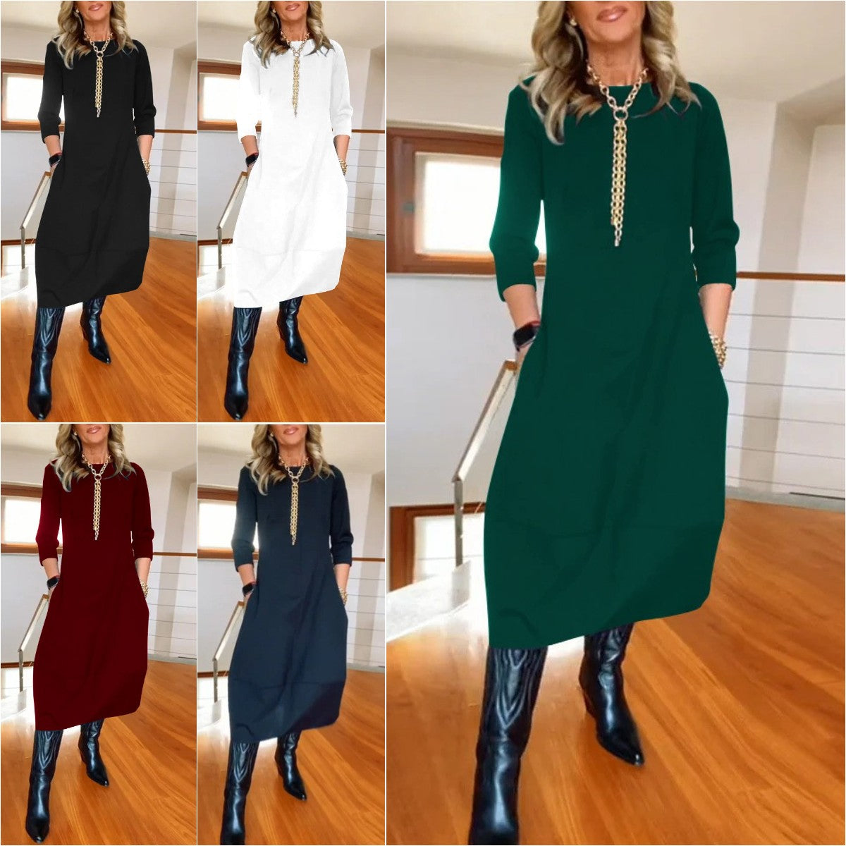 👗 Elegantna enobarvna obleka z dolgimi rokavi, udobna in praktična za vsakodnevno nošenje