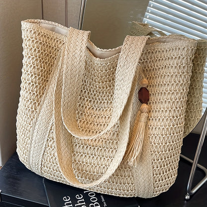 💖✨Ženska pletena torba za rame — elegantna jednobojna torba za rame s ukrasnim resicama
