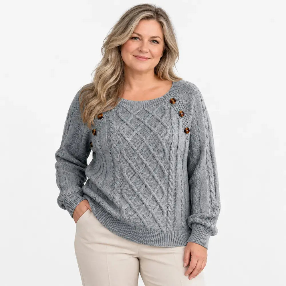 【S-2XL】Ženski ležerni jesensko-zimski pulover – četvrtasti izrez, gumbi, uzorak pletenice