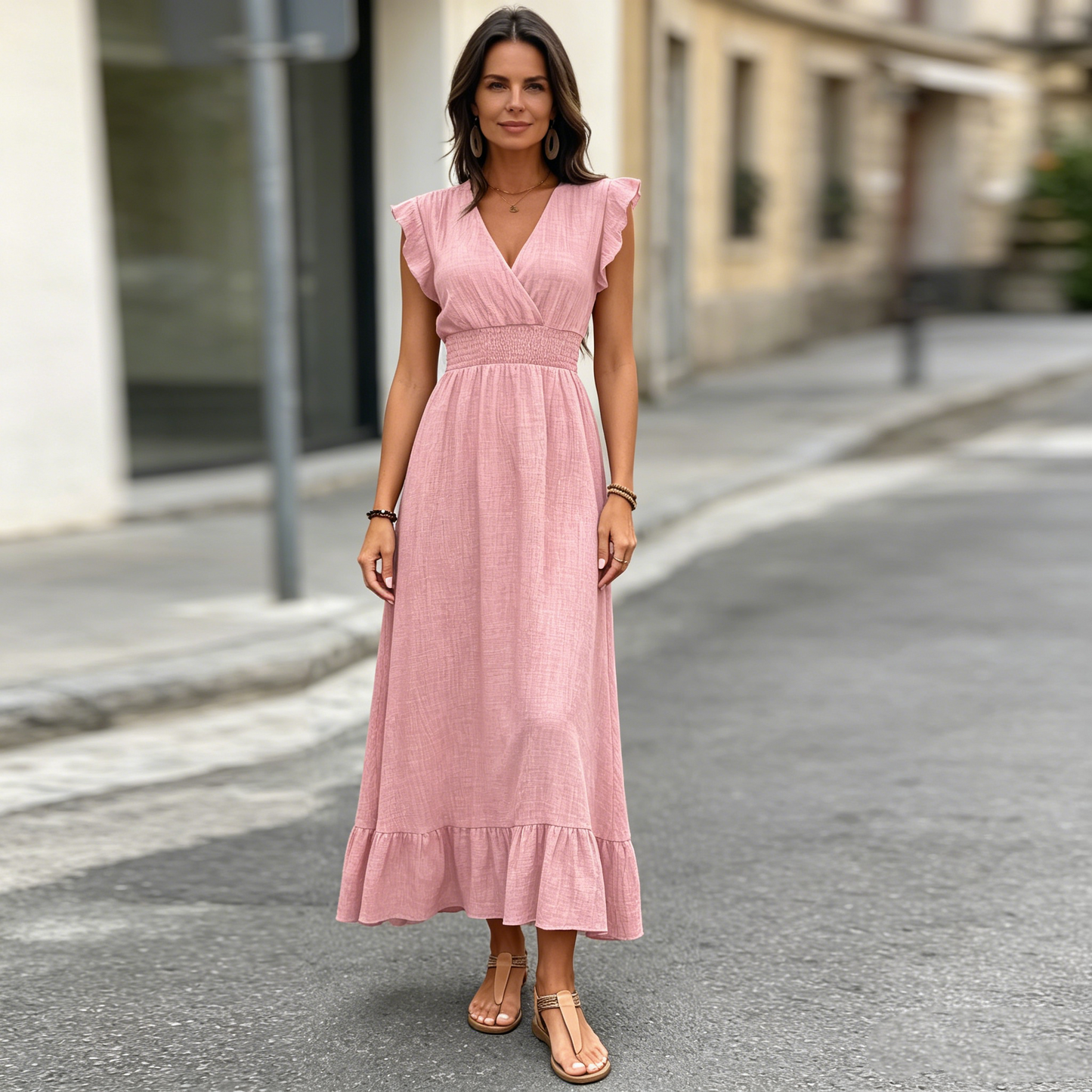 👗Elegantna i moderna jednobojna haljina s V-izrezom u resort stilu