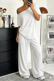 【S-5XL】Set 2026 Elegantna majica kratkih rukava s otvorenim ramenima + široke hlače s vezicama i široke cipele 😍 Neophodan ljetni komad!