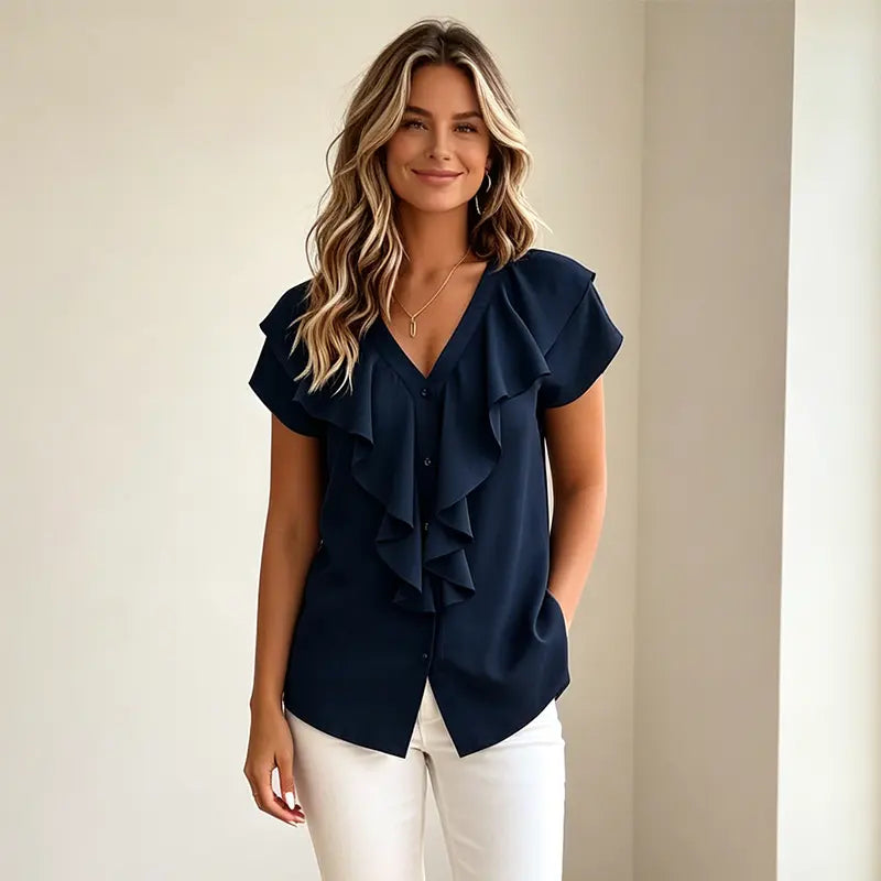 Elegantna ljetna bluza za žene s V-izrezom – ležerna košulja s volanima i gumbima, mekan, prozračan i hladan materijal