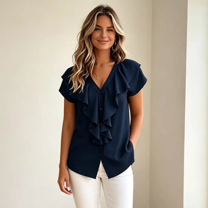 Elegantna ljetna bluza za žene s V-izrezom – ležerna košulja s volanima i gumbima, mekan, prozračan i hladan materijal