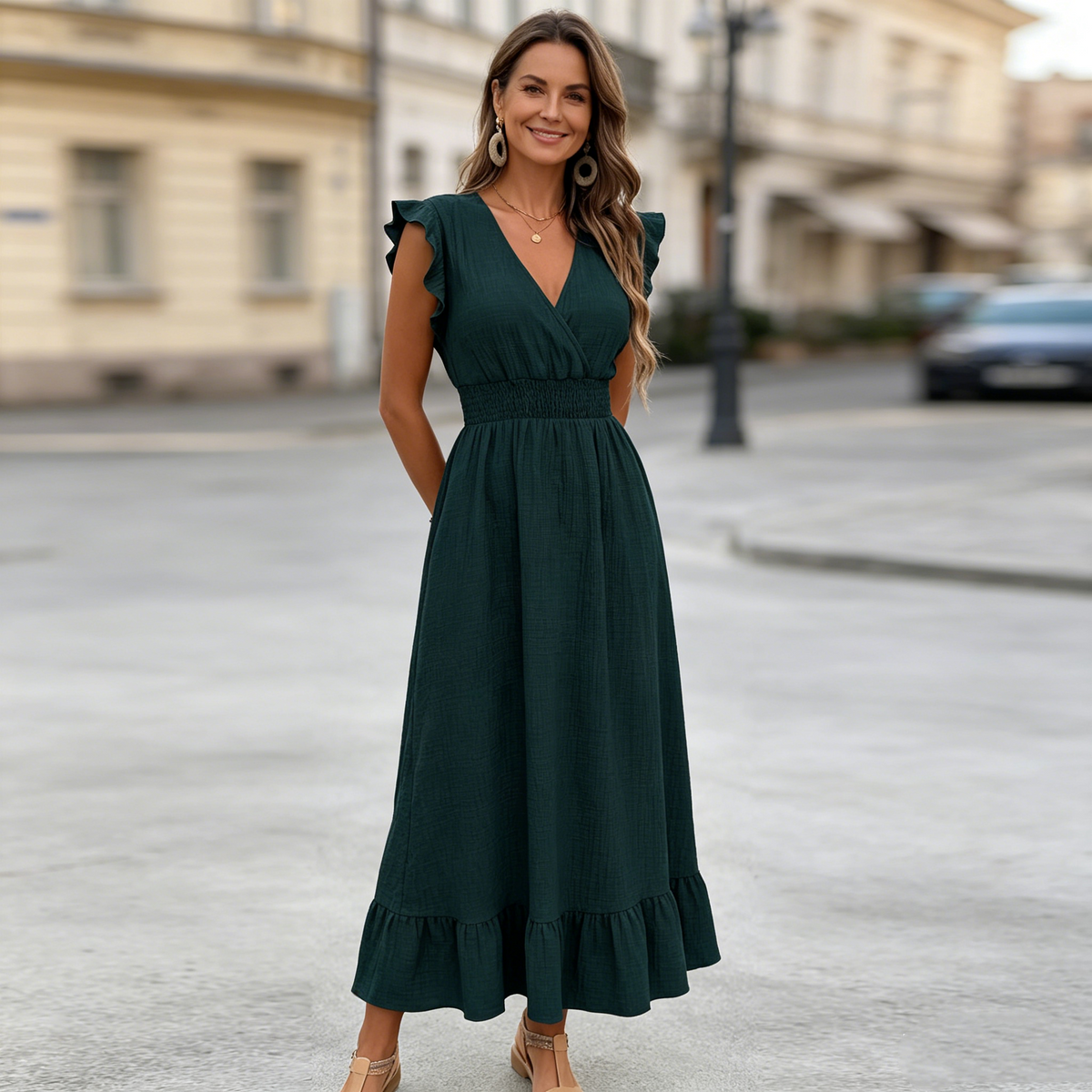 👗Elegantna i moderna jednobojna haljina s V-izrezom u resort stilu