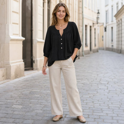Ženska ležerna bluza od lana, ljetna košulja s V-izrezom i gumbima, mekan, prozračan i gladak materijal na dodir