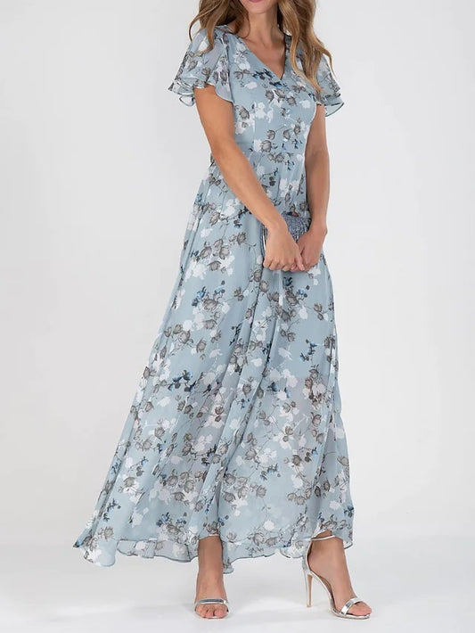 ✨🔥【Noua vară】【S-3XL】Rochie din șifon, mâneci scurte, volane în formă de V, la modă și strâmtă în talie