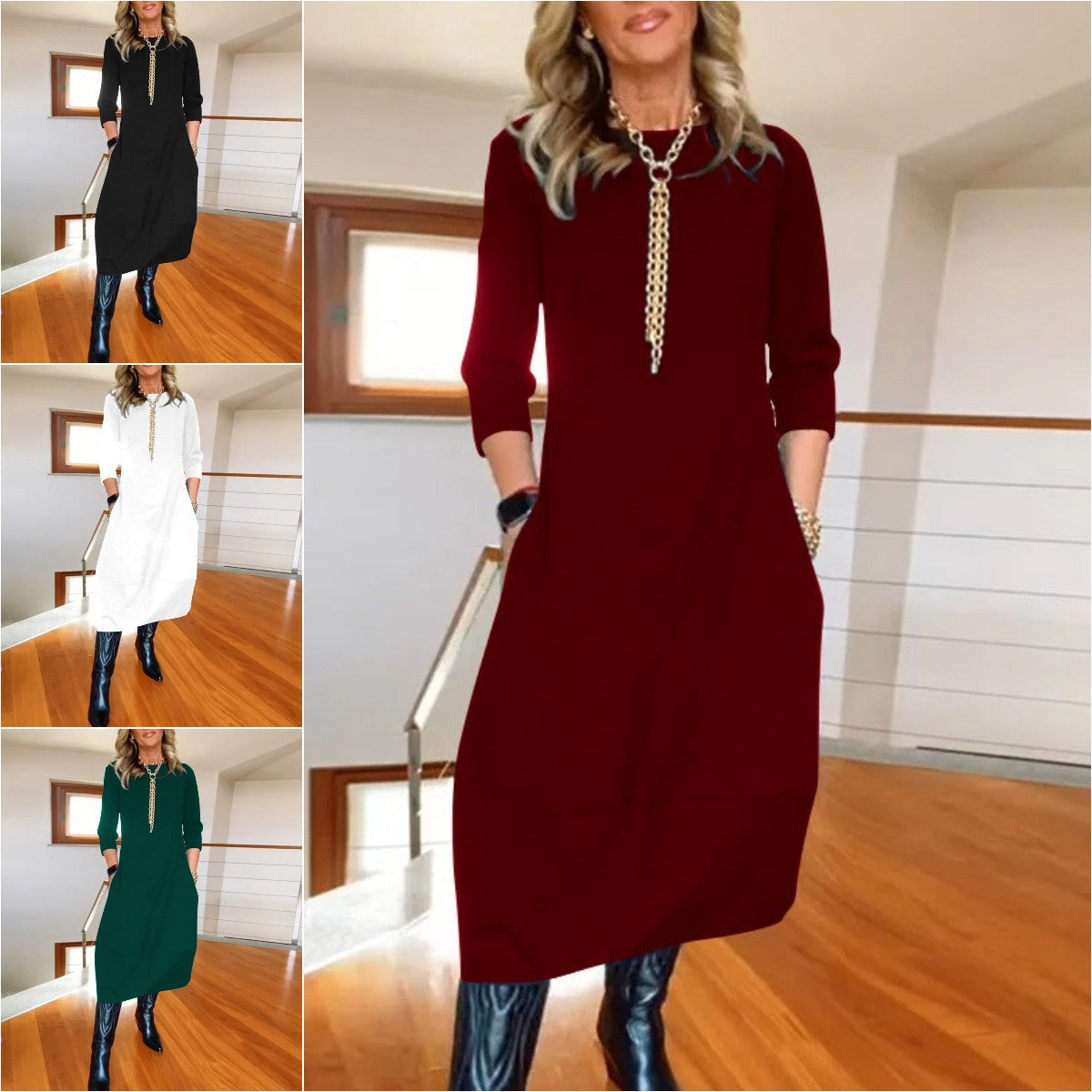 👗 Elegantna enobarvna obleka z dolgimi rokavi, udobna in praktična za vsakodnevno nošenje