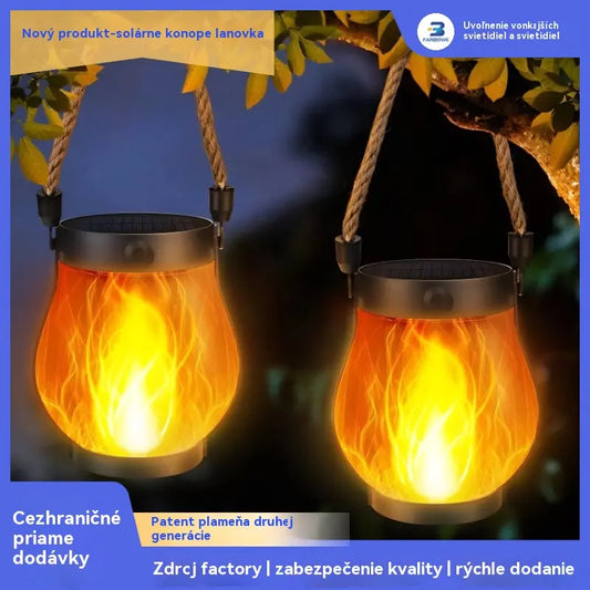 Solarna lampa s plamenom, lampion od konoplje, ukras za vrtno dvorište