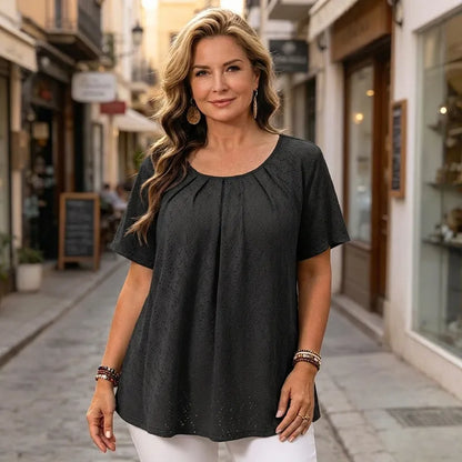 Elegantna ženska bluza s vezom i plisiranim dekolteom, ležerna majica kratkih rukava, teksturirana košulja u francuskom stilu