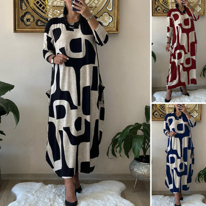 🥻Ležerna obleka s potiskom in okroglim ovratnikom, modna, jesenska