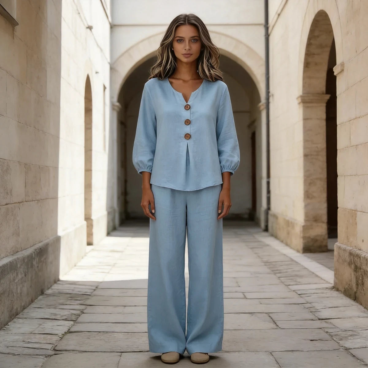 【Ograničena ponuda s popustom od 50%】Novi ženski dvodijelni set: bluza i hlače s volanima, gumbima i V-izrezom