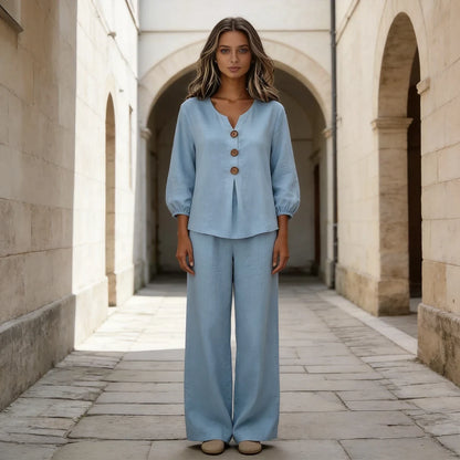 【Ograničena ponuda s popustom od 50%】Novi ženski dvodijelni set: bluza i hlače s volanima, gumbima i V-izrezom