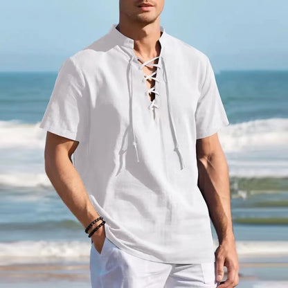 🏄‍♂️👔【Ljetni novi artikli - 50% popusta🔥】Muška pamučna i lanena Henley majica velikih veličina, V-izrez, vezica