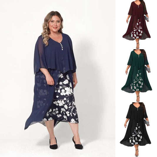 ✨💕【S-5XL】Rochie nouă din două piese, din șifon, cu imprimeu neregulat și model patchwork, mărime mare, 2025